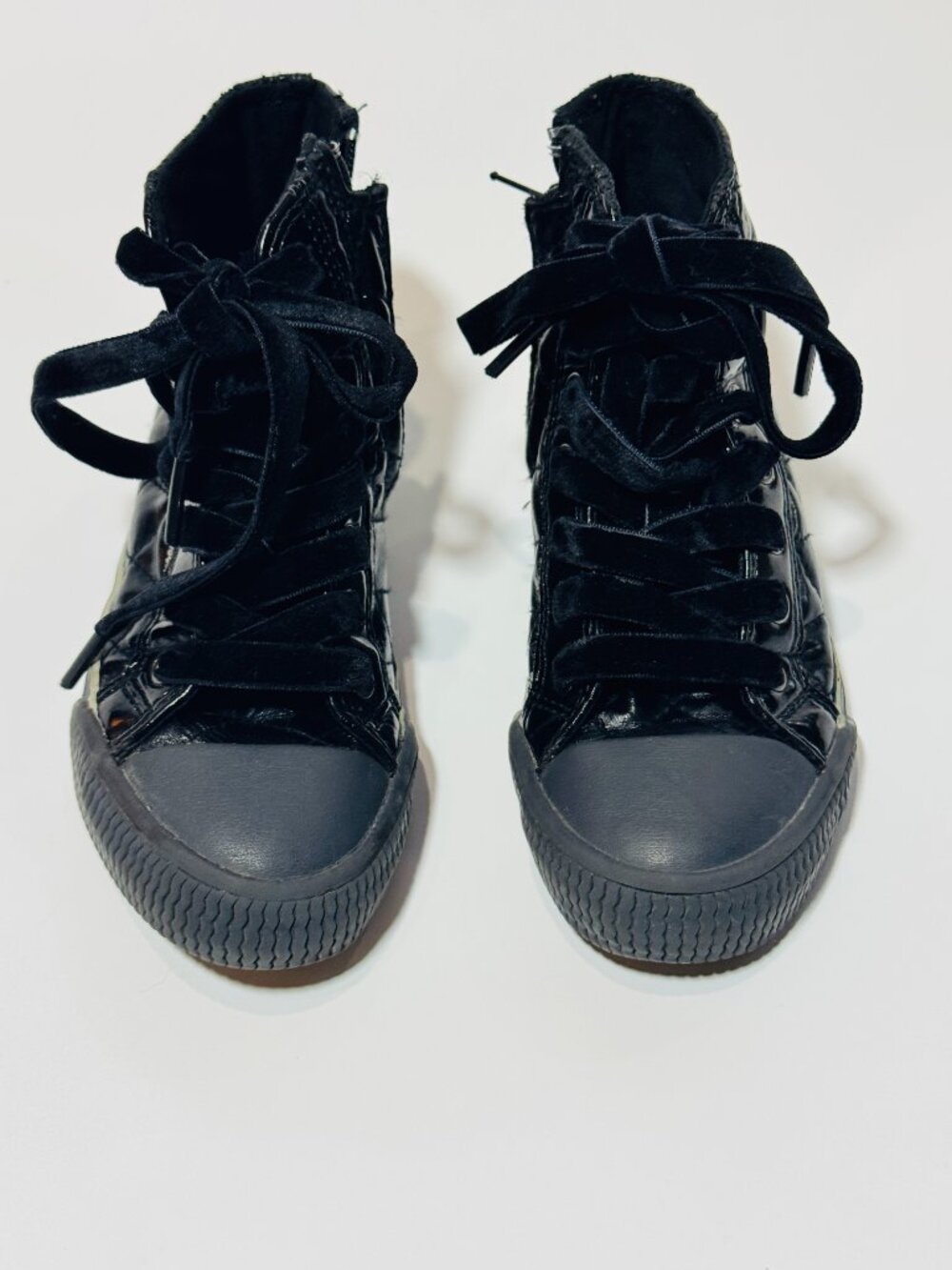 Geox Girls Black Patent Quilted High Top Sneakers Velvet Laces Side Zip US 10.5